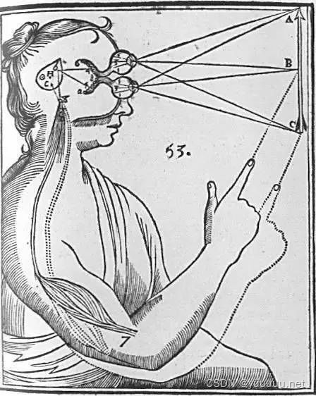 人类视觉的放大镜-小荧幕模型，来自法国哲学家笛卡尔1644年出版的《哲学原理》一书