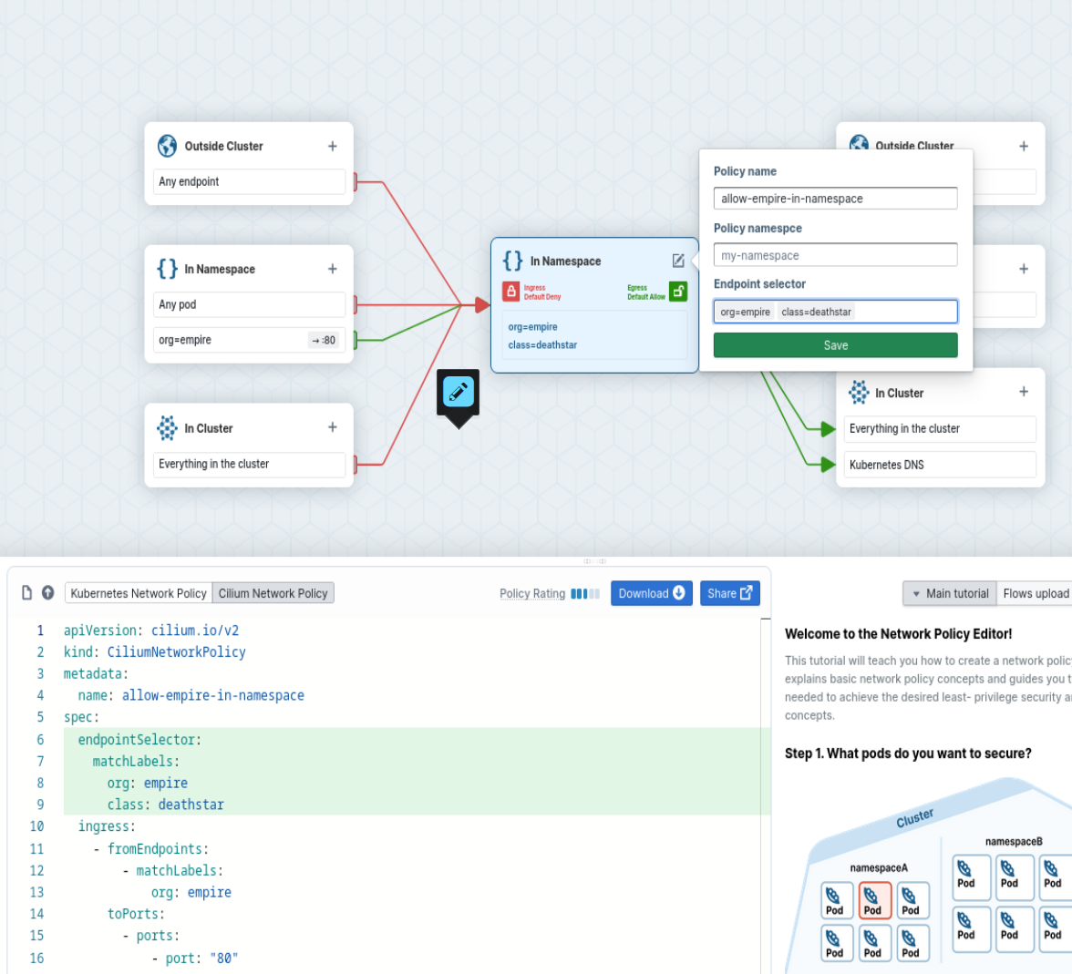 Configure the endpointSelector using the policy editor