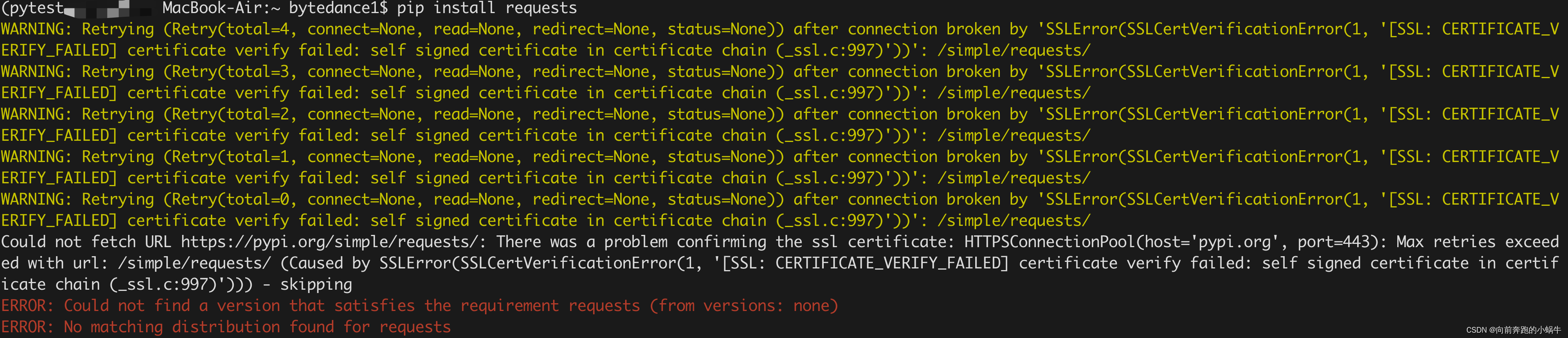 pycharm安装模块报错“WARNING: Retrying (Retry(total=4, connect=None, read=None ...
