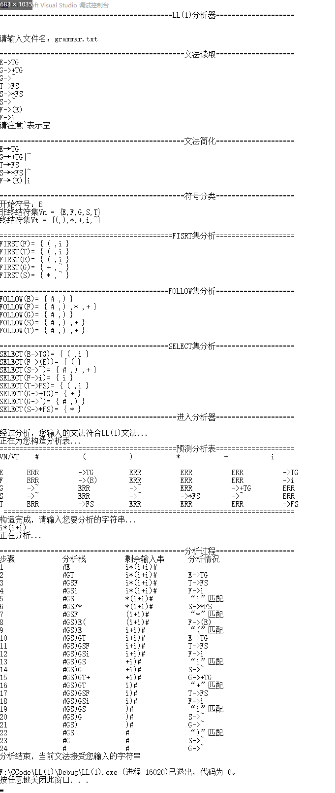 编译原理 LL(1)分析法 C++实现 First集合Follow集合Select集合预测分析表分析过程 实验报告