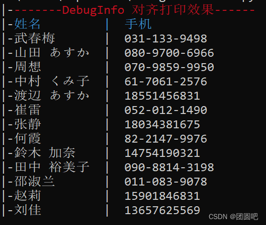 DebugInfo 调试模板 对象对齐打印中日姓名效果