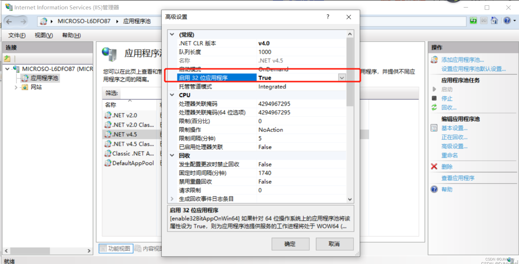 将启用32位应用程序，属性改成 true即可