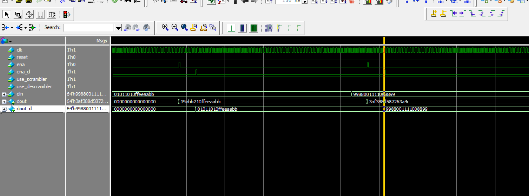 基于FPGA，解扰码器Verilog的实现，以及扰码器与解扰码器的联合仿真。附上仿真结果。