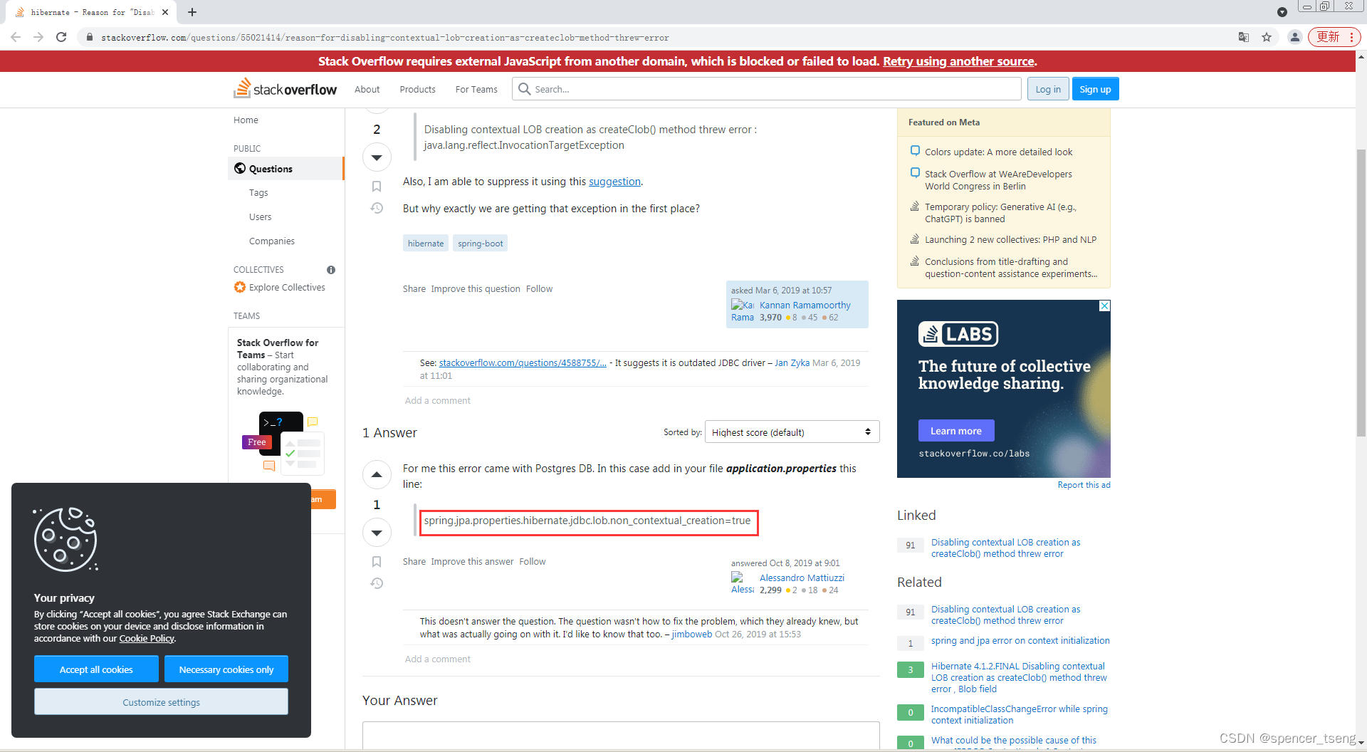 Disabling contextual LOB creation as createClob() method threw error
