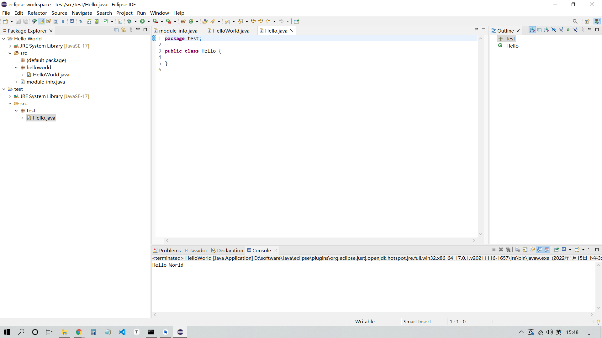 Eclipse创建并运行Java程序输出Hello World_用eclipse开发工具编写一个java程序,要求类名为myname,并在控制 ...