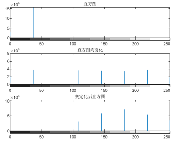 图6. Pollen直方图和均衡化、规定化直方图