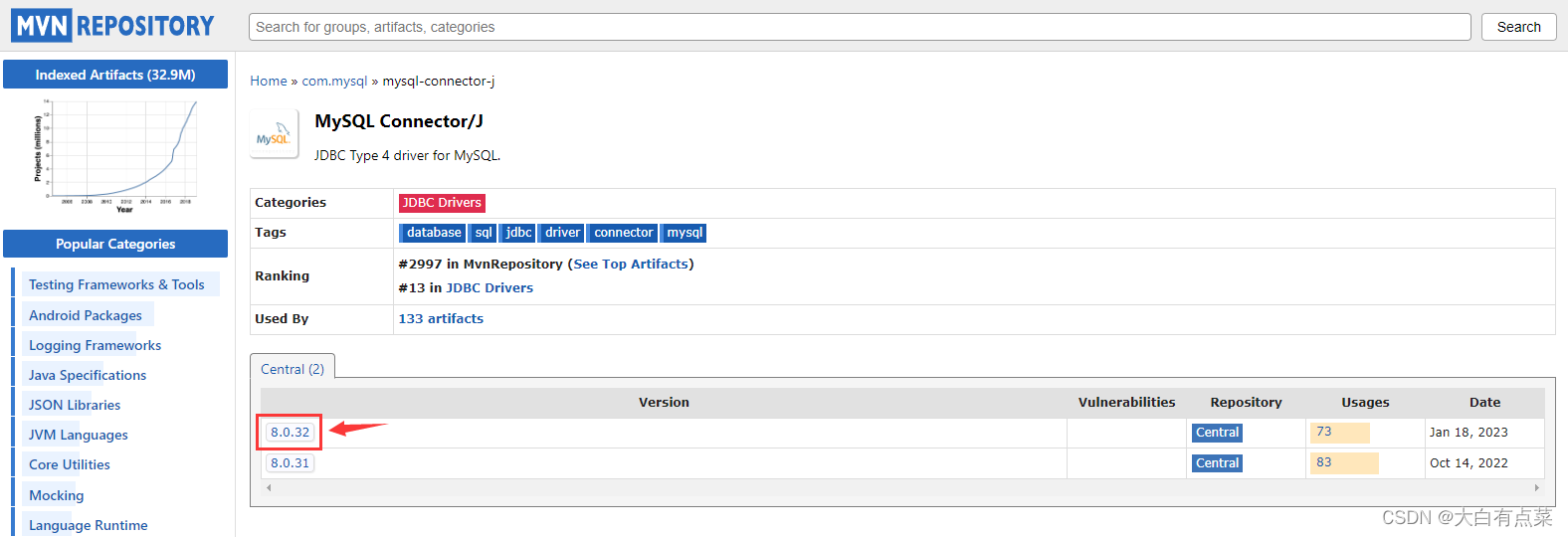 点一下MySQL版本号（8.0.32）版本号，进入到对应的maven页面。