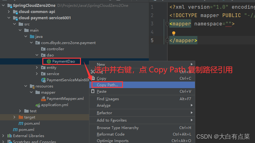 复制 PaymentDao 接口的路径引用，选中 PaymentDao 并右键，点“Copy Path”