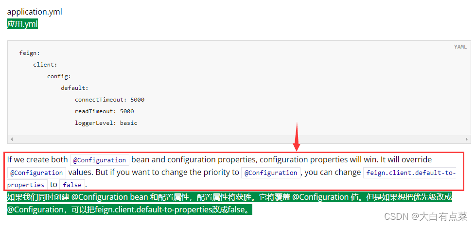 设置 FeignConfig 配置类的优先级最高，将 feign.client.default-to-properties 设置为 false