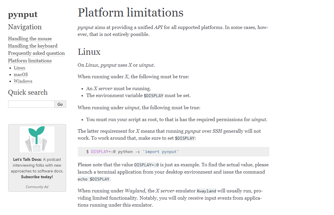 pynput, platform limitations, Linux