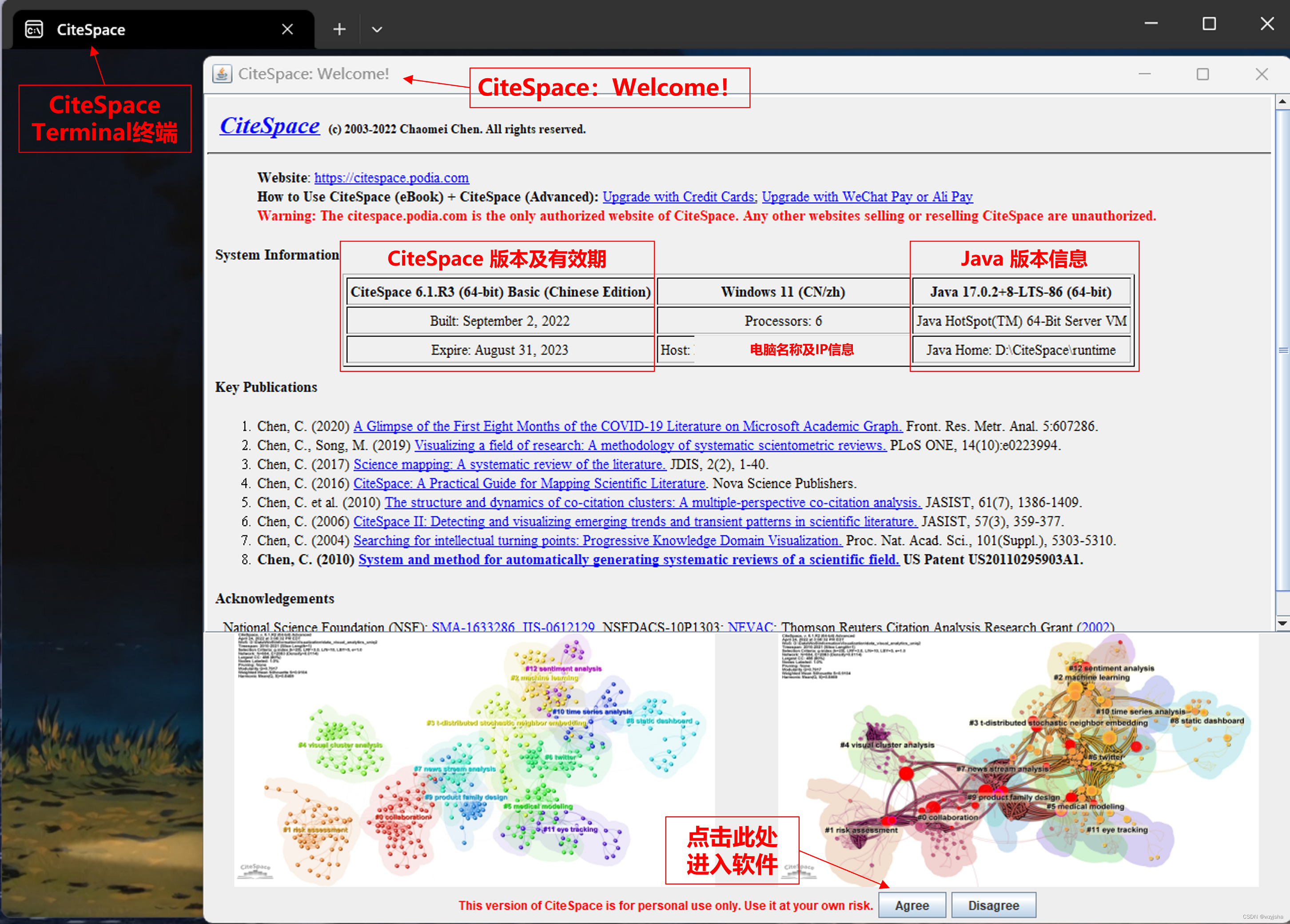 Fig.01-01 CiteSpace终端及CiteSpace Welcome! 窗口