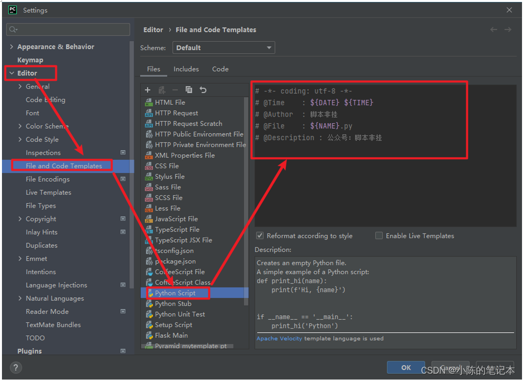 [The external link image transfer failed. The source site may have an anti-leeching mechanism. It is recommended to save the image and upload it directly (img-bU4bLmny-1685112587087) (./Picture/Pycharm Settings New.py File Template.png)]