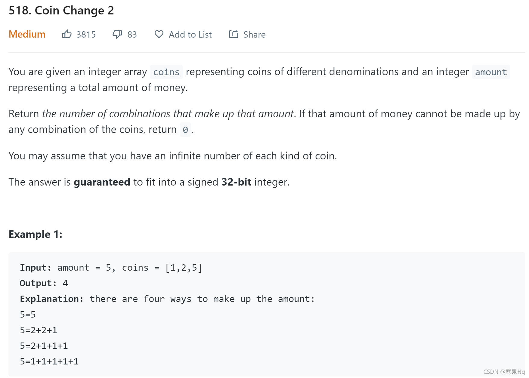 leetcode 518. Coin Change 2 | 518. 零钱兑换 II(暴力递归->傻缓存->动态规划)_硬币兑换 ii 递归 ...
