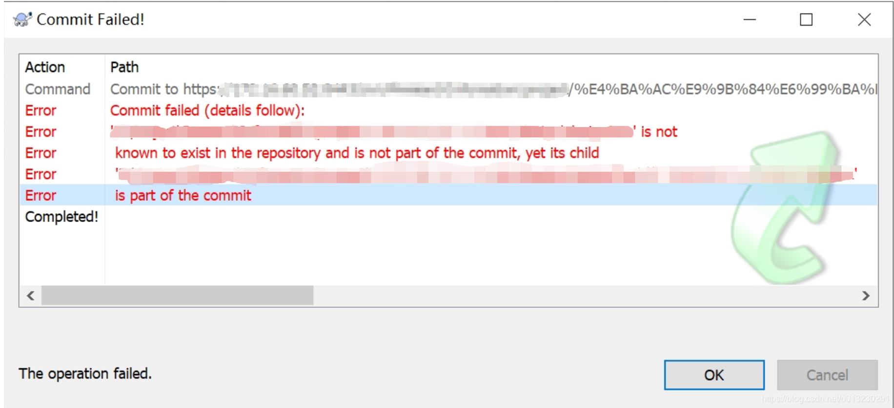 SVN commit error:is part of the commit