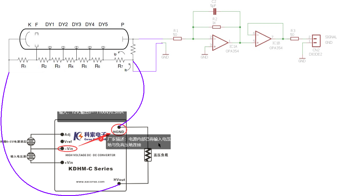 ▲ 图1.3.7 PMT 电源与信号放大接线图