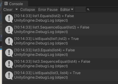 Unity C#中判断两个list中的元素在集合意义上是否相等_unity c#判断两个集合包含数据是否完全相同-CSDN博客