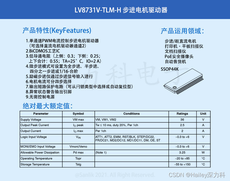 LV8731V-TLM-H 带保护步进电机驱动器特性简述