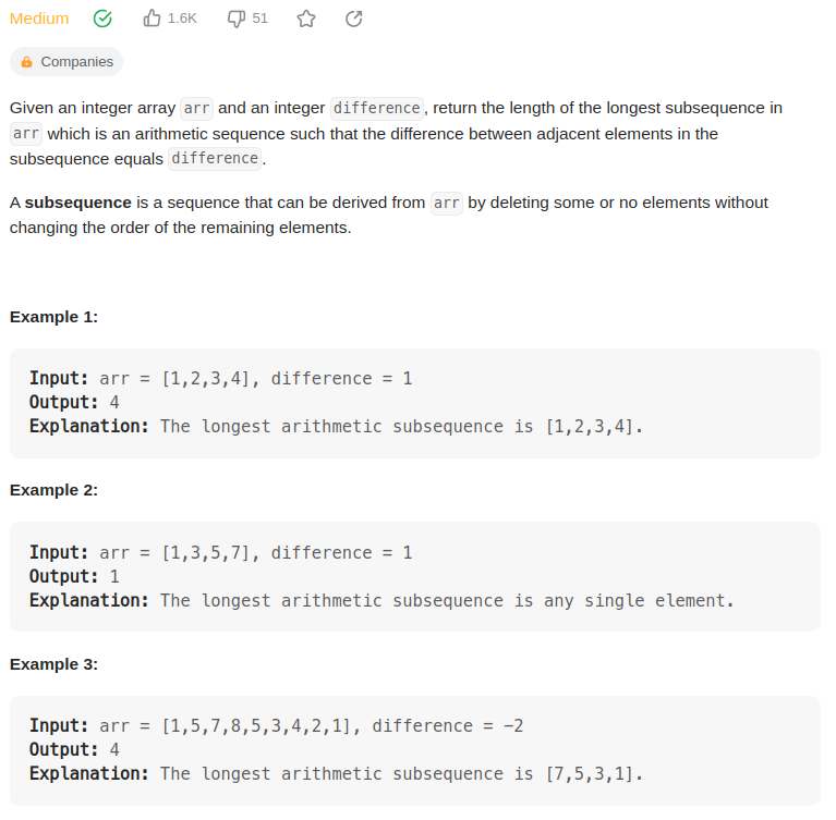 leetcode 1218. Longest Arithmetic Subsequence of Given Difference（给定差值的最长算术子序列）