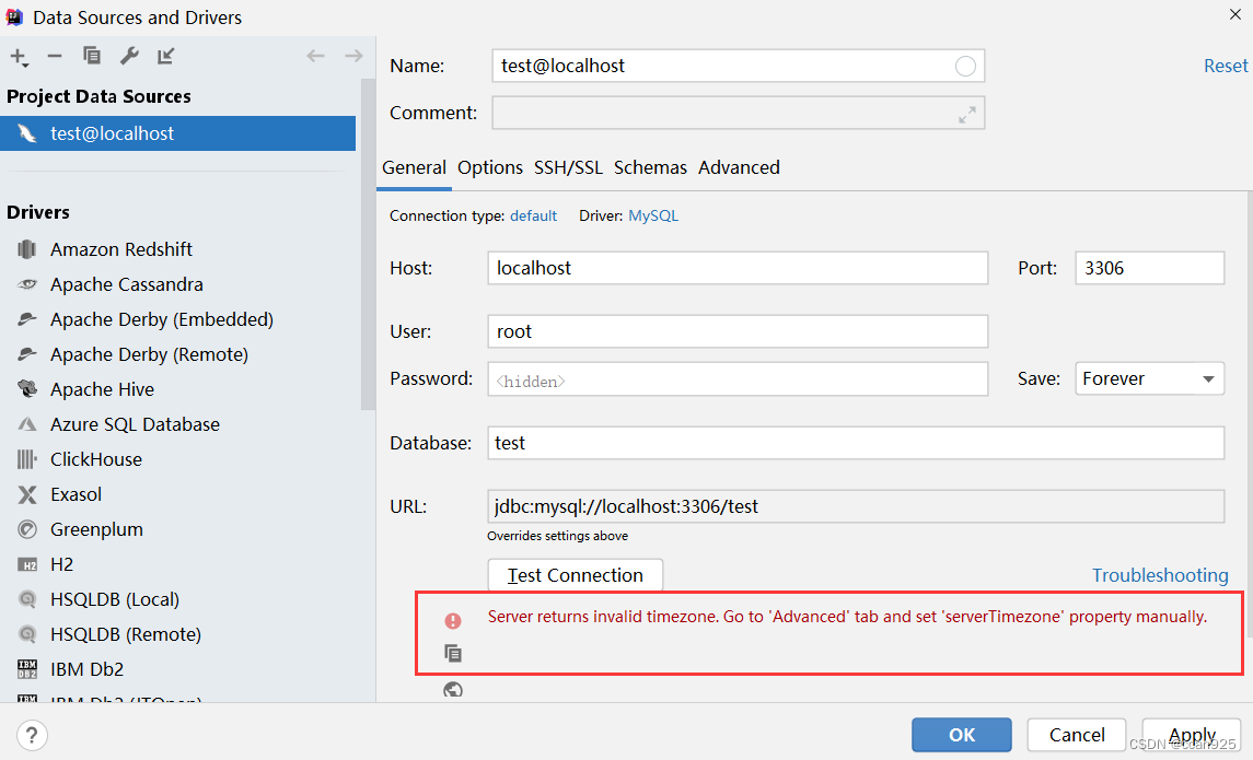 IDEA连接数据库, 报Server returns invalid timezone. Go to ‘Advanced‘ tab and set ‘serverTimezone‘ proper错误