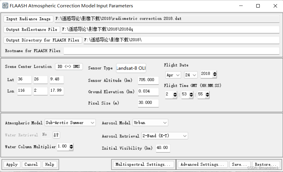 Aerosol Model一栏选择Urban，点击Multispectral Settings