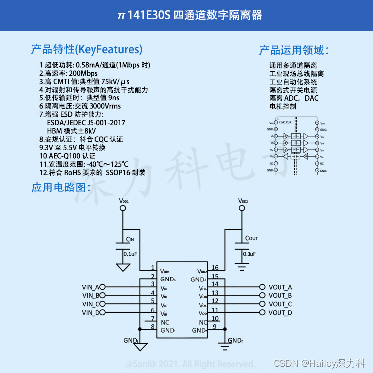 π141E30S 200Mbps四通道数字隔离器兼容代替NSi8141S0