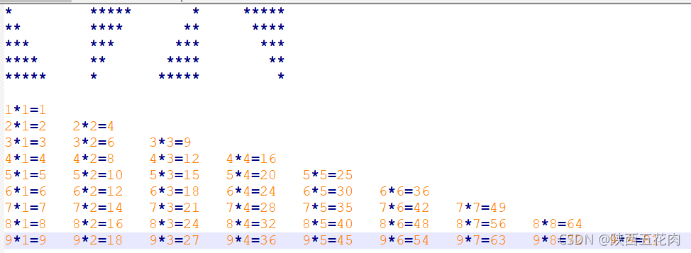 for循环打印输出4个不一样三角形（*） 和九九乘法表