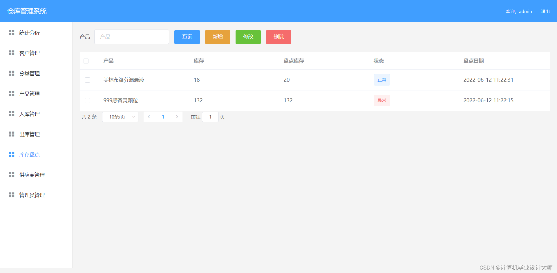 基于springboot vue(elementui)仓库管理系统源码