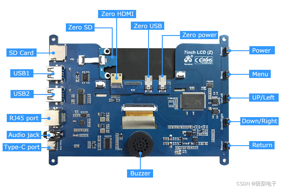 斑梨电子树莓派Zero 2W显示屏7寸DIY电容触摸屏RJ45 USB HUB接口 兼容Banana pi Zero