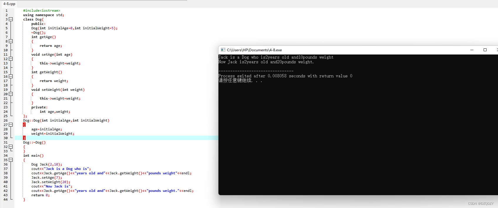 4-8定义一个Dog类,包含age、weight等属性,以及对这些属性的操作方法。实现并测试这个类_定义一个dog类,包含age,weight ...