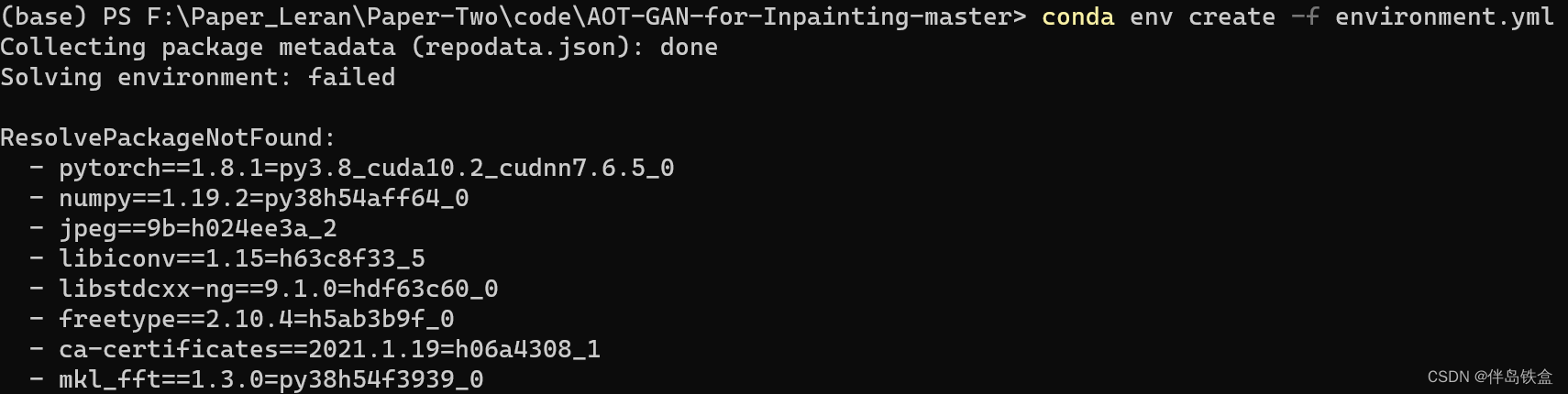 解决创建conda环境时Solving environment: failed 和 ResolvePackageNotFound 的错误