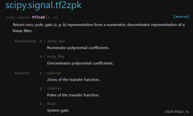 scipy.signal.tf2zpk() 的官方文档.