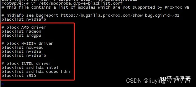 在/etc/modprobe.d/pve-blacklist.conf添加这些驱动黑名单，随后重启。