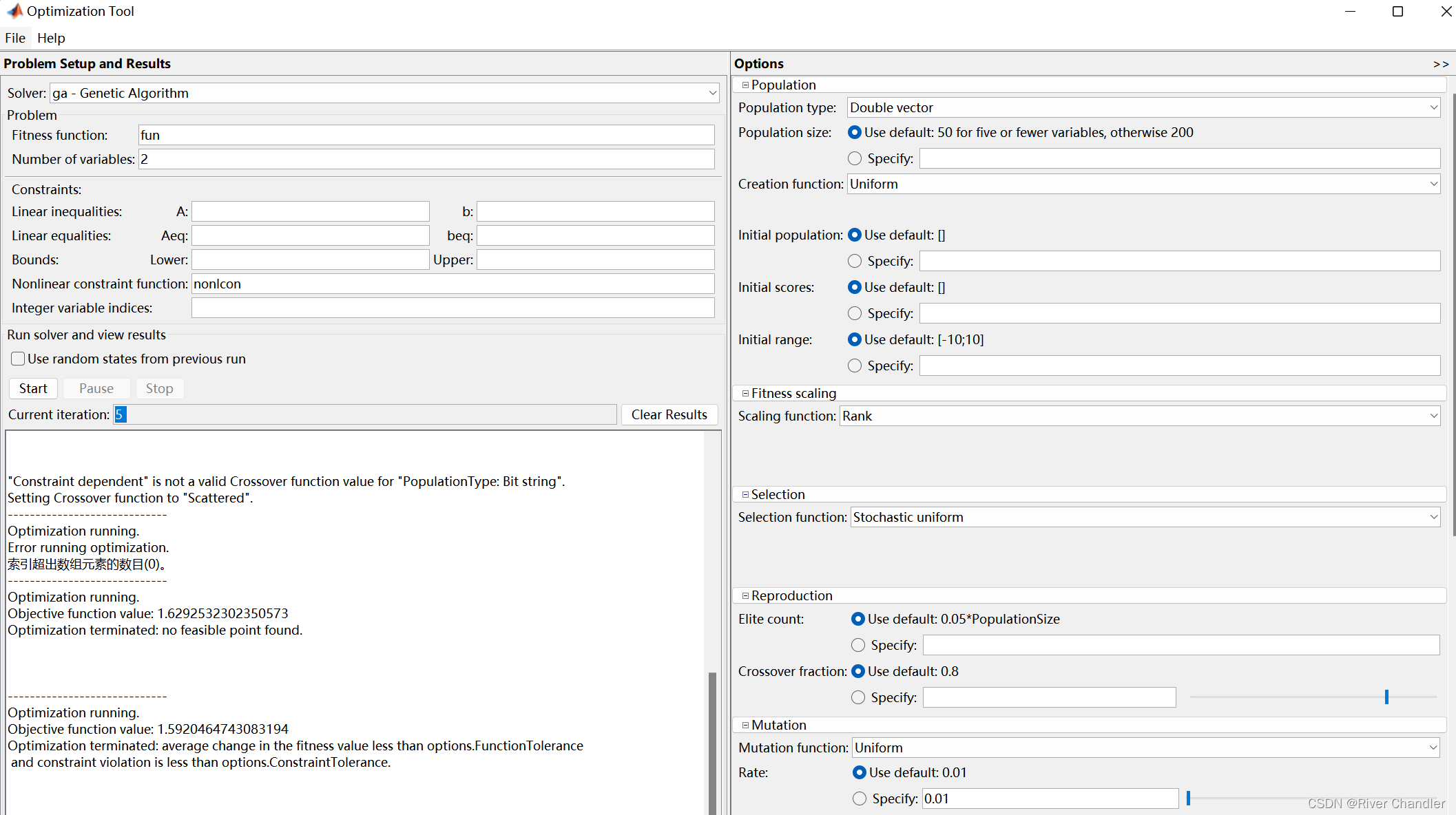 Matlab Optimization Toolbox中的遗传算法工具包(GA)