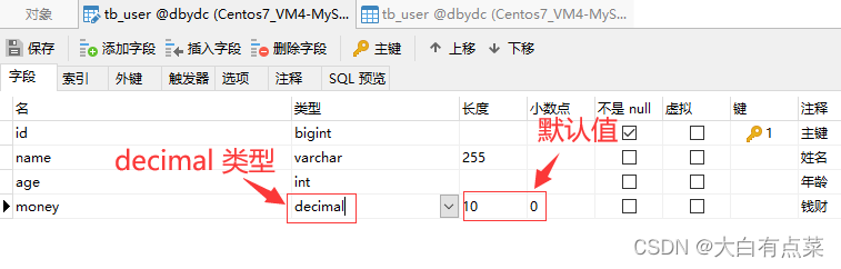 tb_user表money字段的数据类型为decimal，会有默认值