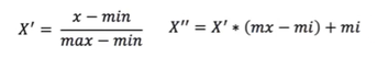 作用于每一列，max为一列的最大值，min为一列的最小值，X”为最终结果，Mx，Mi分别为指定区间值默认Mx为1，Mi默认为0