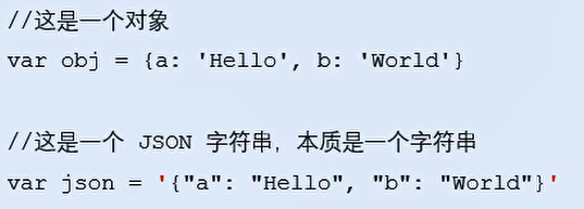 //这是一个对象
var obj （a:Hello‘，b:‘World‘}
/这是一个JSON字符串，本质是一个字符串
var json ={“a“:“Hello“，“b“:“World“}