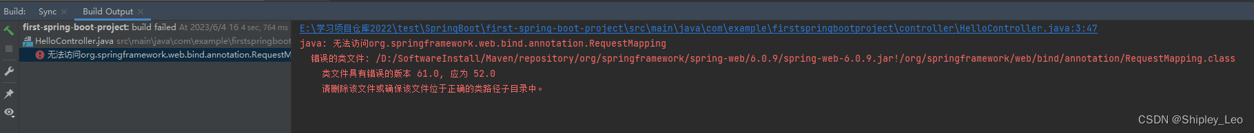 java: 无法访问org.springframework.web.bind.annotation.RequestMapping......类文件具有错误的版本 61.0, 应为 52.0