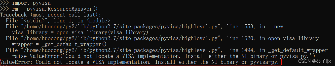 问题解决:ValueError: Could not locate a VISA implementation. Install either ...