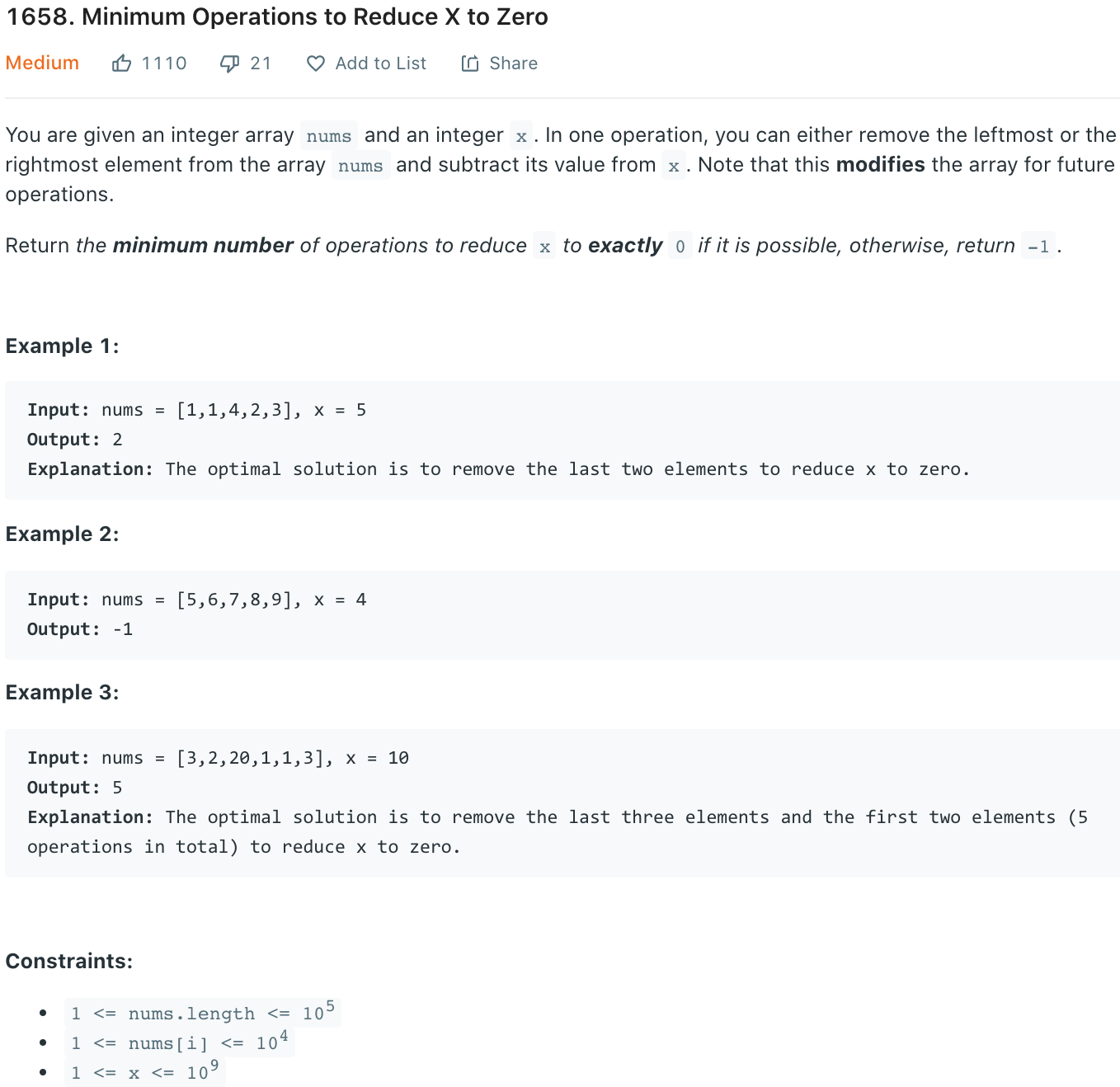 Minimum Operations to Reduce X to Zero