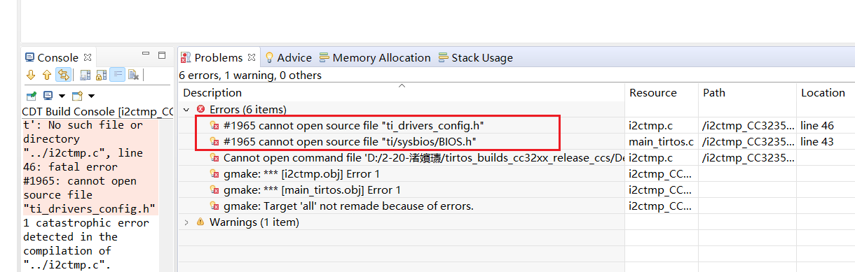 Ccs编译报错，#1965 Cannot Open Source File  “Ti_Drivers_Config.H“_