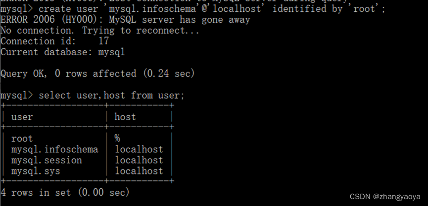 The user specified as a definer (‘mysql.infoschema‘@‘localhost‘) does not exist