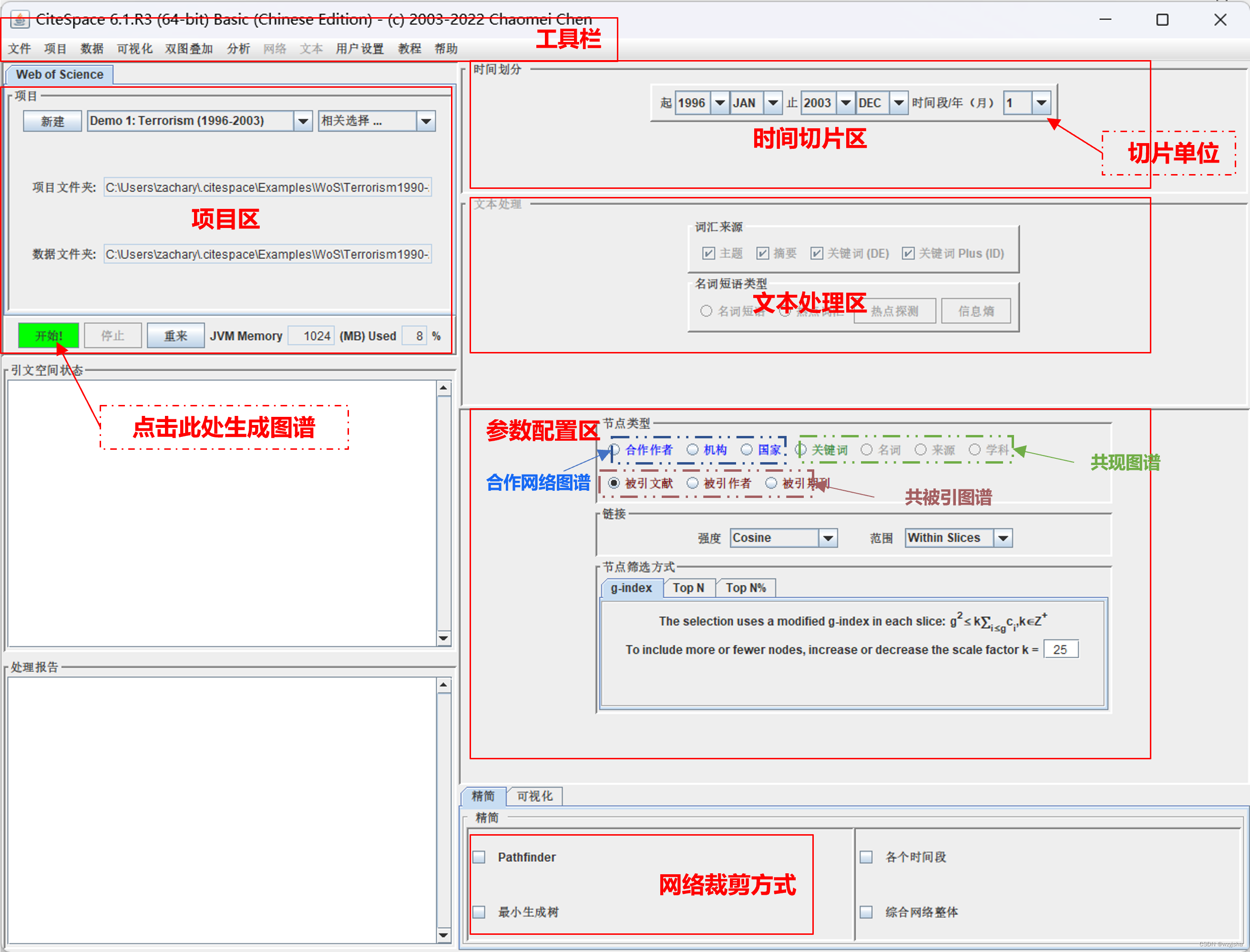 Fig.01-02 CiteSpace主窗口界面介绍