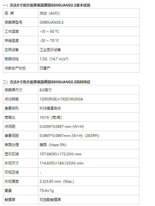 友达8寸高分辨率工业屏G080UAN02.2-8寸MIPI屏