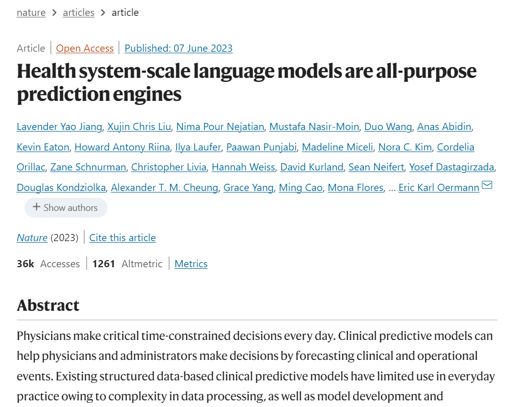 2023 Nature 健康系统规模的语言模型是通用预测引擎
