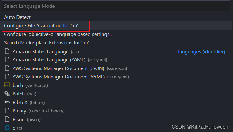 CTRL + K M,选择文件扩展配置