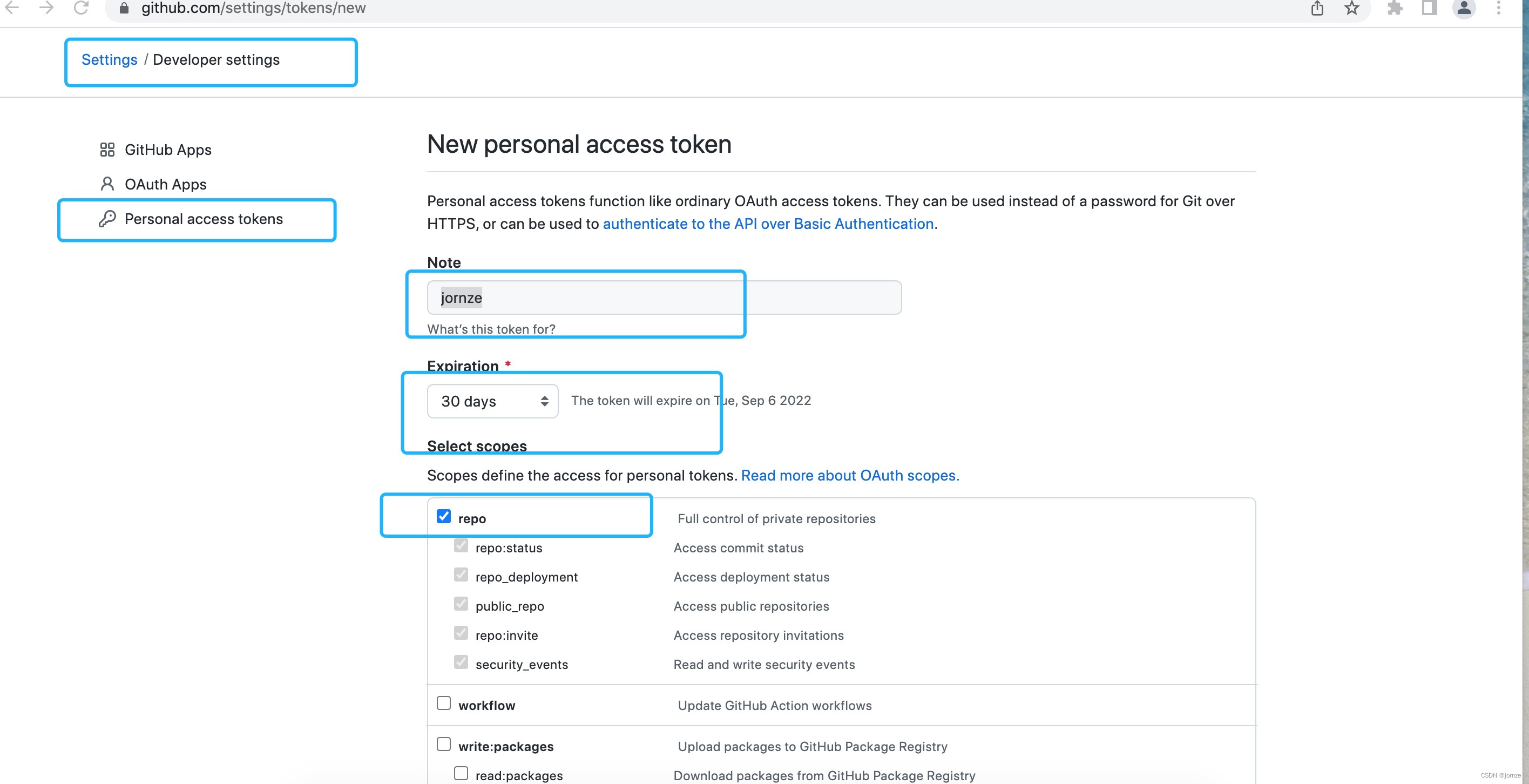 创建 personal access token