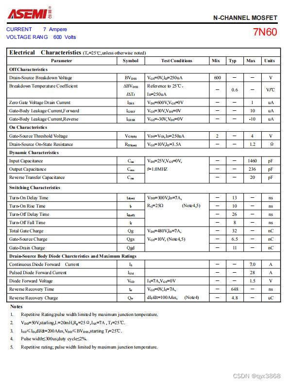 ASEMI高压MOS管7N60参数，7N60封装，7N60规格