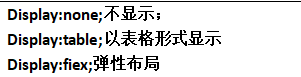 Display:none;不显示；Display:table;以表格形式显示Display:fiex;弹性布局