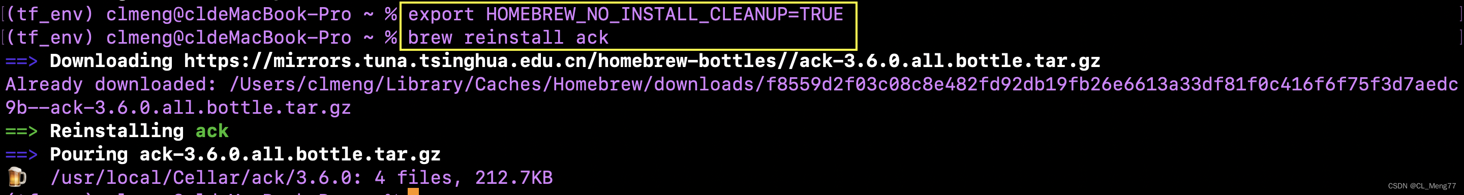 Mac问题:Disable this behaviour by setting HOMEBREW_NO_INSTALL_CLEANUP. Hide these hints with HOMEBREW