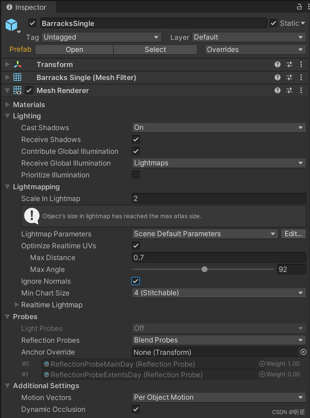 在 Mesh Renderer 组件的 Lightmapping 标题下找到的 Ignore Normals 设置。